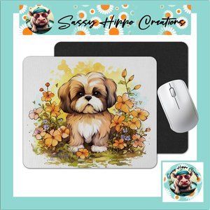 Mouse Pad Cute Shih Tzu Dog Watercolor Flowers Sublimated Anti Slip Back